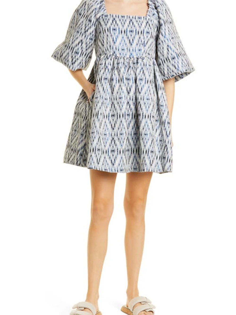 Square-Neck Mini Dress in Light Blue Ikat